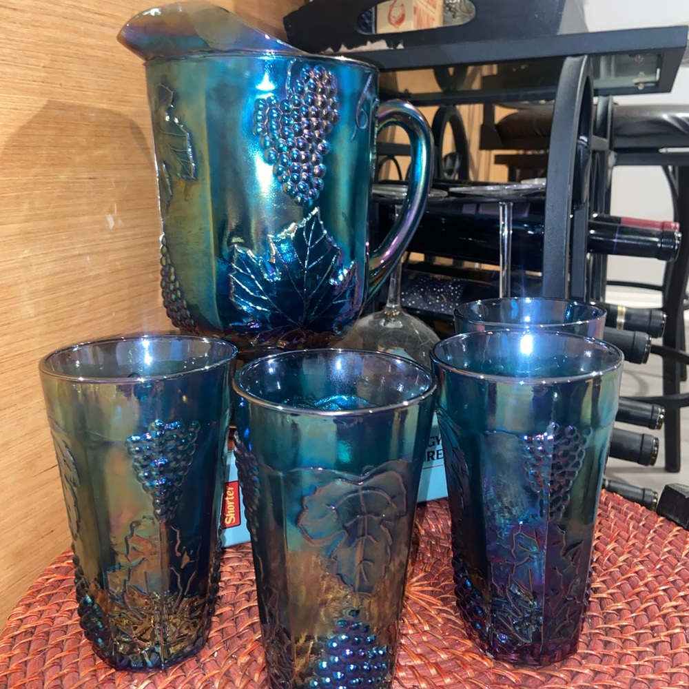 Vintage Blue Carnival Glass Pitcher & Glasses